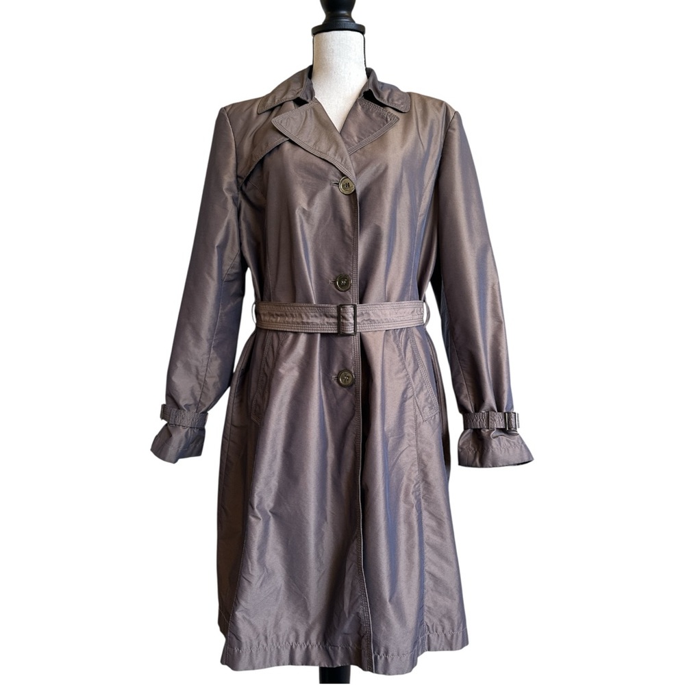 GALLERY Vintage Taupe Metallic Belted Trench Coat Jacket Lightweight Raincoat